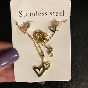 Gold Double Heart Necklace and Earring Set - Stainless Steel